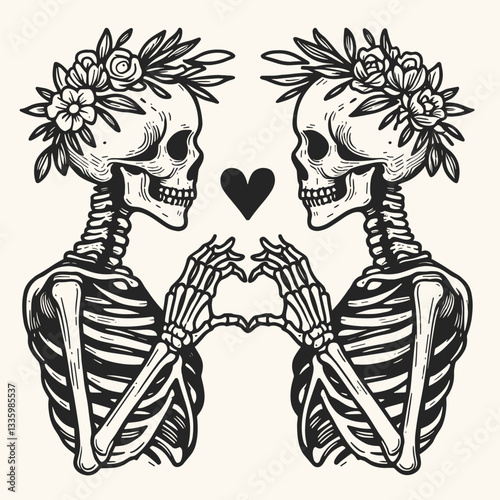 Skeleton couple wear flower crown dancing together minimalist vector graphic a whimsical romantic dance of the departed