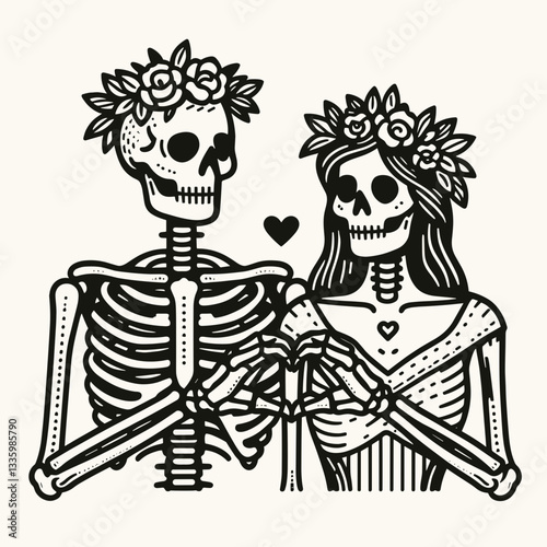 Skeleton couple wear flower crown curve your hands inward to make a heart gesture minimalist vector drawing a gothic romantic love illustration