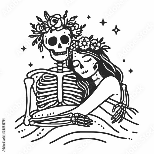 Skeleton couple wear flower crown cuddling under a blanket a minimalist monochrome vector drawing depicts tender affection.