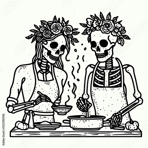 Skeleton couple wear flower crown cooking together a minimalist vector drawing of a spooky but sweet autumnal feast