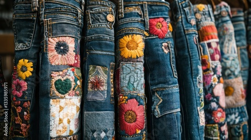 Handcrafted upcycled patchwork jeans with embroidery artisan studio fashion showcase colorful textiles close-up sustainable fashion