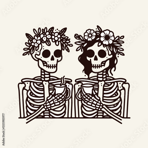 Skeleton couple wear flower crown clinking glasses with hot chocolate a minimalist vector drawing depicts their cozy autumn date