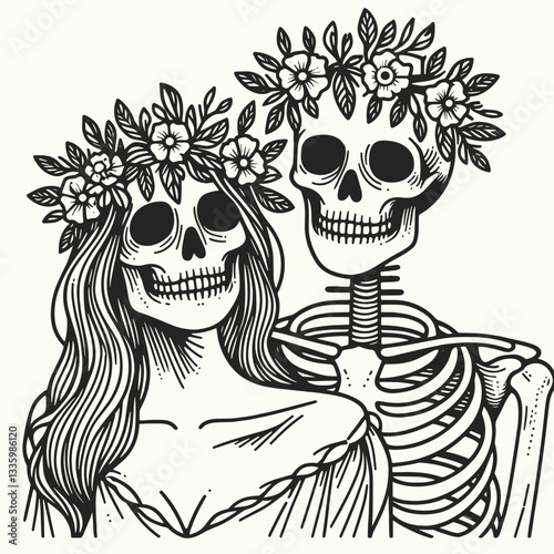 Skeleton couple wear flower crown classic embrace minimalist silhouette drawing a poignant love story
