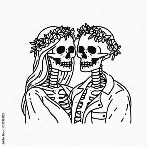 Skeleton couple wear flower crown cheek to cheek minimalist monochrome graphic drawing a sweet gothic romance.