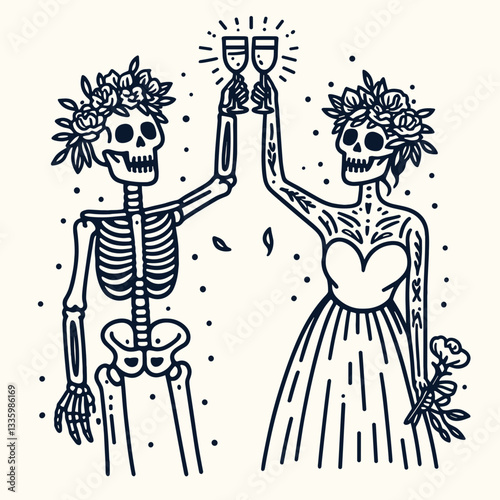 Skeleton couple wear flower crown celebrating with a toast minimalist vector illustration of a joyous undead party