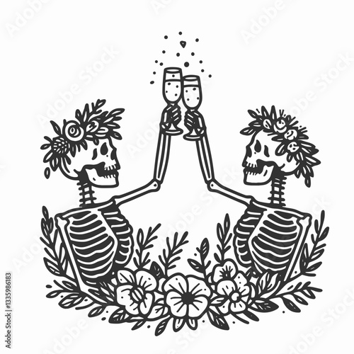 Skeleton couple wear flower crown celebrating with a toast minimalist vector graphic of love and death
