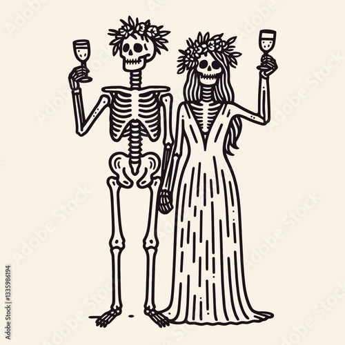 Skeleton couple wear flower crown celebrating with a toast a minimalist vector drawing of spooky love