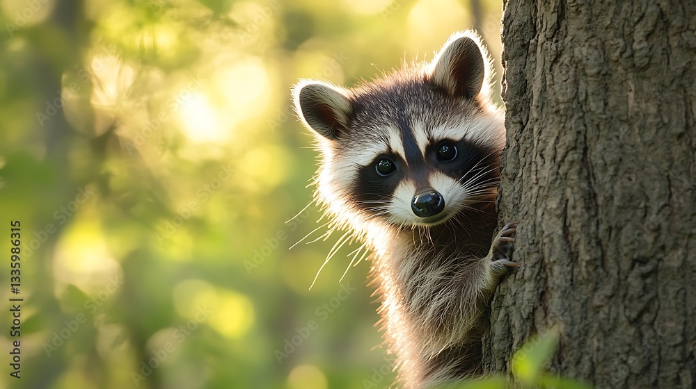Fototapeta premium Adorable Raccoon peeking from behind a tree in a sunlit forest