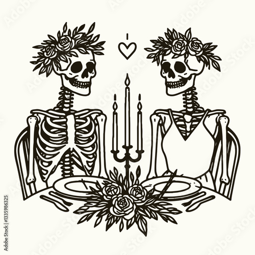 Skeleton couple wear flower crown candlelit dinner minimalist silhouette graphic drawing a romantic gothic feast