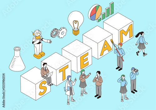 STEAM教育の文字とこどもの未来教育をイメージするアイソメトリック構図のイラスト
