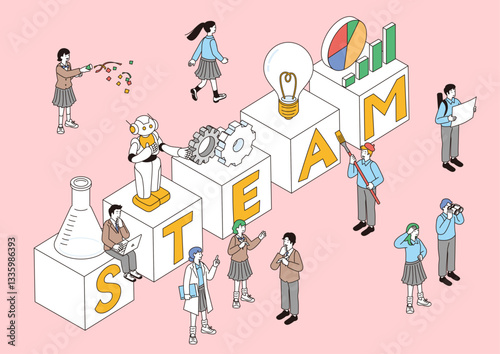 STEAM教育の文字とこどもの未来教育をイメージするアイソメトリック構図のイラスト
