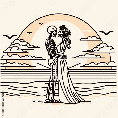 Skeleton couple wear flower crown beach sunset kiss minimalist vector drawing a romantic ghostly embrace at dusk