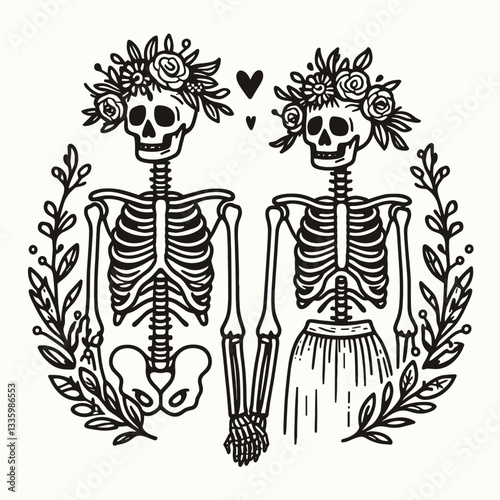 Skeleton couple wear flower crown a playful lift vector graphic showing whimsical undead romance