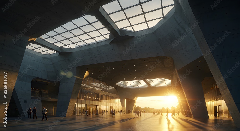 Fototapeta premium People Walking Through Modern Concrete Building with Sunlight and Geometric Design