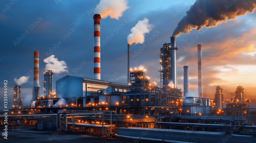 Obraz premium Industrial landscape at dusk with smoke stacks and glowing lights