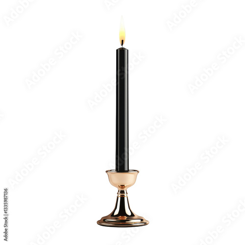 Elegant black candle with flame in a shiny gold holder for home decor and ambiance lighting