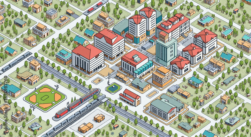 Obraz premium collage of photos, city, isometric, building, architecture, house, view, aerial, town, street, vector, urban, panorama, home, cityscape, buildings, landscape, map, construction, travel, residential, b