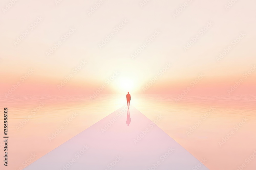 Lone figure walking confidently on endless road toward glowing horizon Lone figure walking confidently on endless road toward glowing horizon
