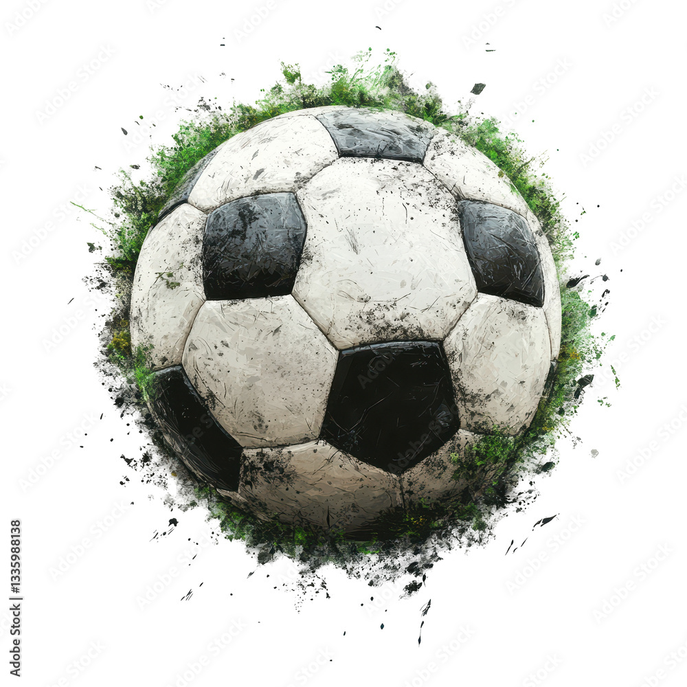 Naklejka premium Grunge Soccer Ball Surrounded by Grass Artistic Design, isolated on transparent background