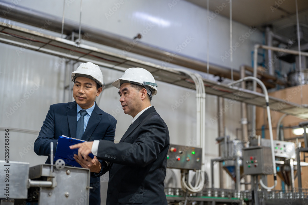 Businessman owner and partner discuss operations while inspecting food production line in canned fish factory Businessman owner and partner discuss operations while inspecting food production line in canned fish factory
