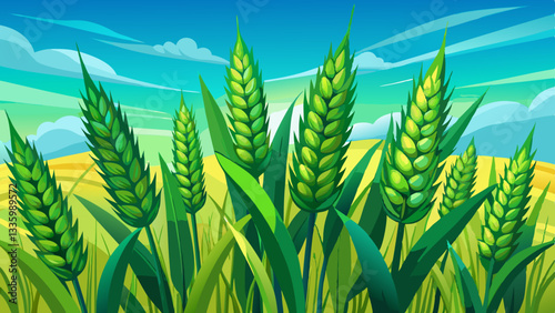 Green ears of wheat under blue sky