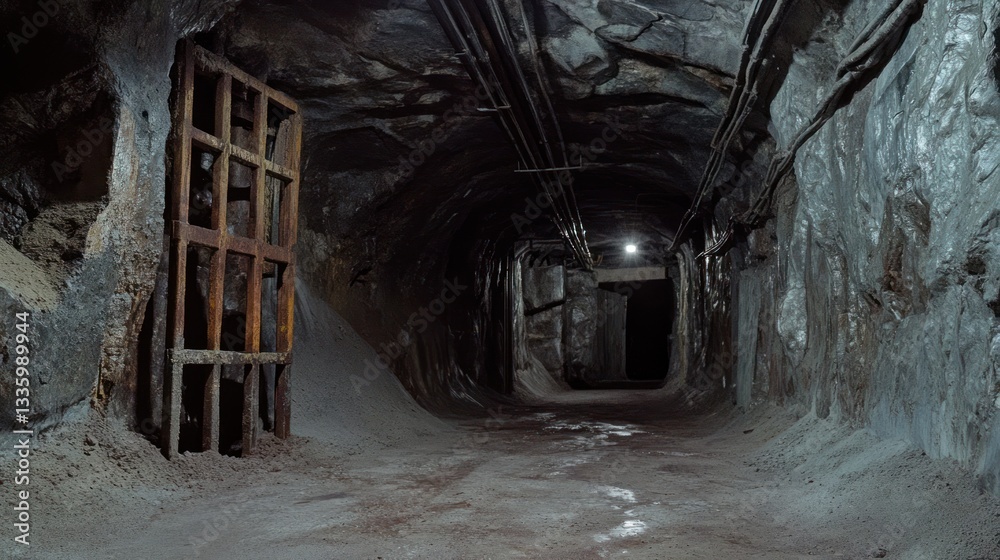 Fototapeta premium Dark, damp mine tunnel with rusty gate and dirt floor.
