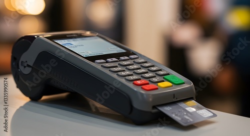 Payment Terminal with Card: A modern payment terminal displays a digital screen with a credit card inserted, symbolizing secure transactions and the ease of cashless payment methods.