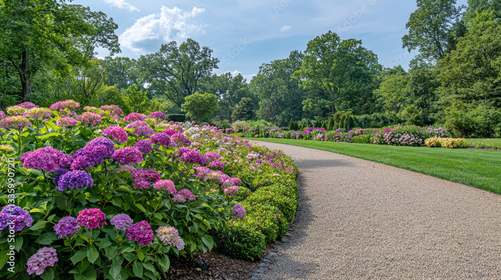 Fototapeta premium A row of hydrangeas in various shades of pink and purple, neatly arranged along the edge of an elegant garden path