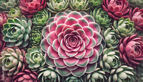 ピンクとグリーンの対比が美しい多肉植物ロゼット背景