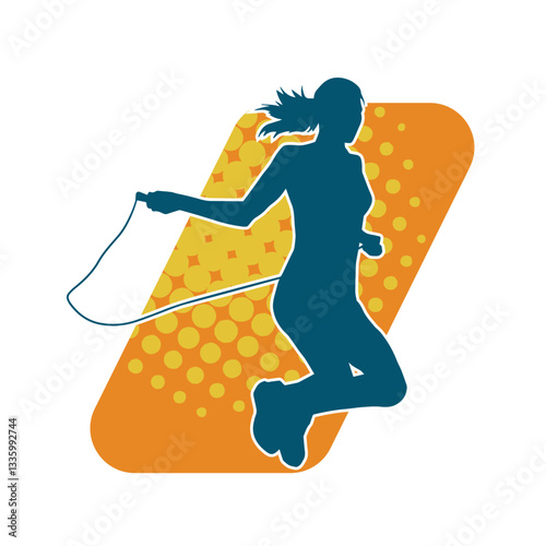 Silhouette of a slim sporty woman doing jump rope workout.