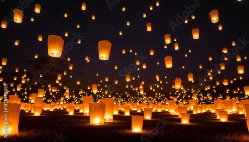 Flying lanterns illuminating night sky over open field, celebration