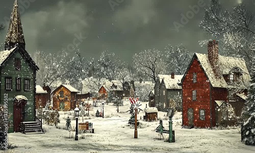 A quaint winter town scene with falling snow, colonial buildings, and a steeple.