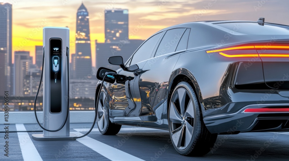 Fototapeta premium Electric Vehicle Charging Station at Sunset in Urban Environment