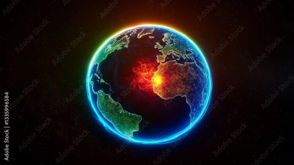 Obraz premium Earth with glowing neon borders, electric blue and green continents, fiery red planetary energy core.