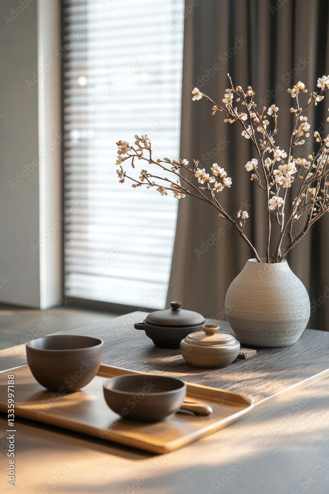 Japandi kitchen with neutral tones and minimalist accessories.