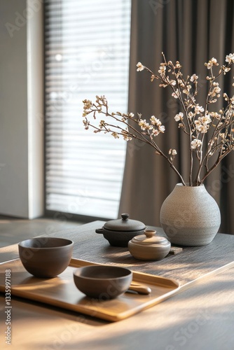 Obraz na płótnie Japandi kitchen with neutral tones and minimalist accessories. w salonie