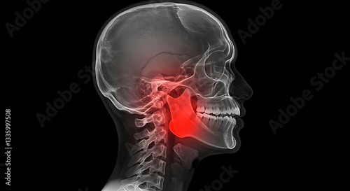 Skull X-ray Showing Jaw Joint Inflammation and Neck Pain Highlighted in Red