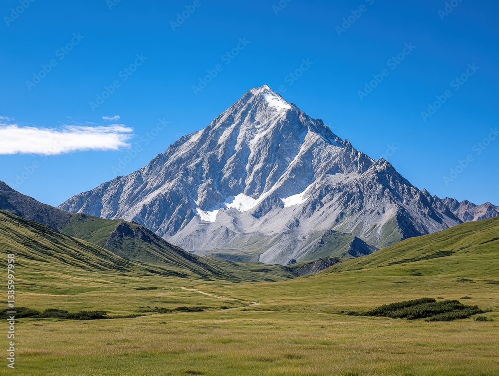 Majestic mountain landscape with clear blue sky and lush green valley below Majestic mountain landscape with clear blue sky and lush green valley below