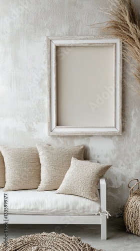Japandi lounge with textured cushions and white frame wall.