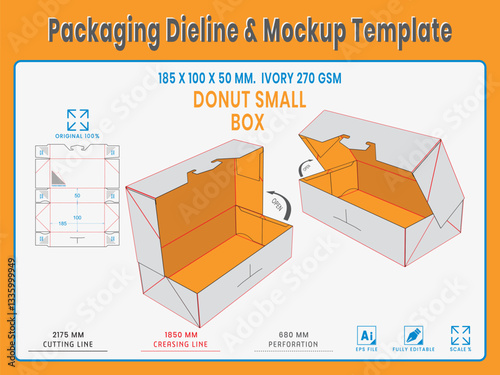 Packaging Dieline and Mockup Template. Small Donut Box 185 X 100 X 50 MM. IVORY GSM. Dieline Real Shape and Dimension. Mockup Template. Equipped die cut lengths prepared for production.