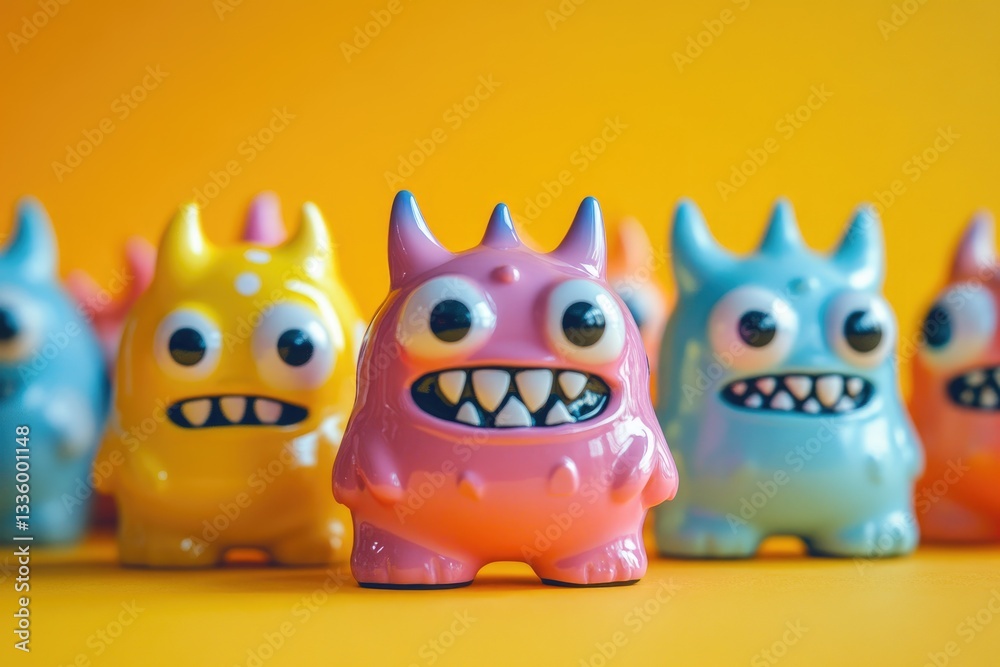 Obraz premium Colorful monster figures with sharp teeth are displayed on yellow background