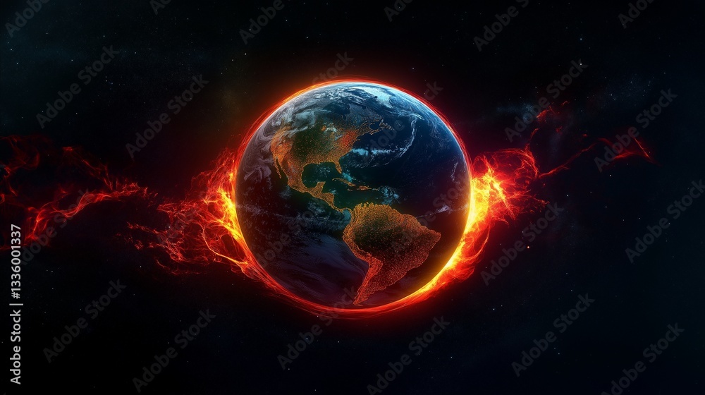Obraz premium Glowing Earth with neon-lit continents, vibrant energy belt in red and orange, deep black space background.