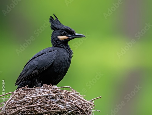 A black bird perched on a nest amidst a vibrant green background in nature