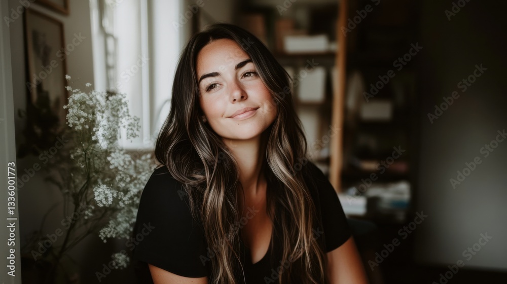 Obraz premium Young Woman with Long Hair Smiling in Cozy Room with Plants
