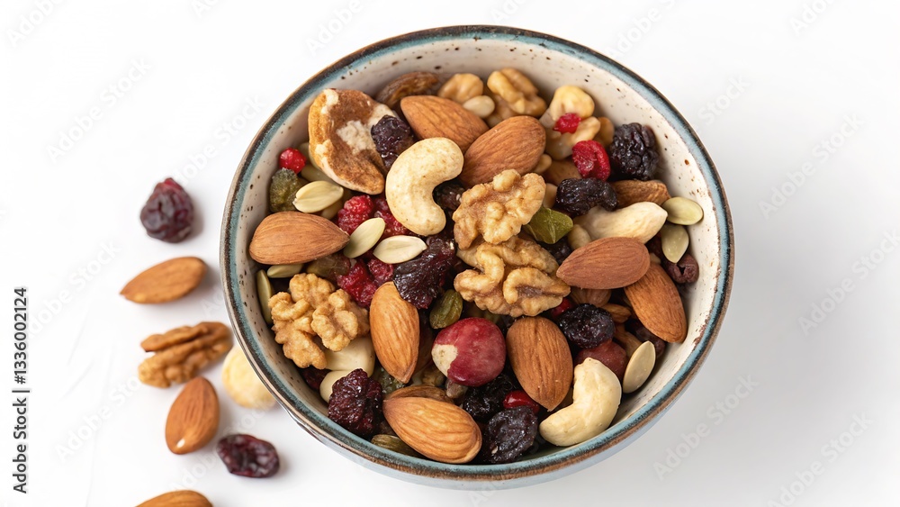 Bowl of Mixed Nuts and Dried Fruits, Isolated on a White Background, High-Quality Snack Stock Photo emphasizing healthy snacking and natural nutrition. Bowl of Mixed Nuts and Dried Fruits, Isolated on a White Background, High-Quality Snack Stock Photo emphasizing healthy snacking and natural nutrition.