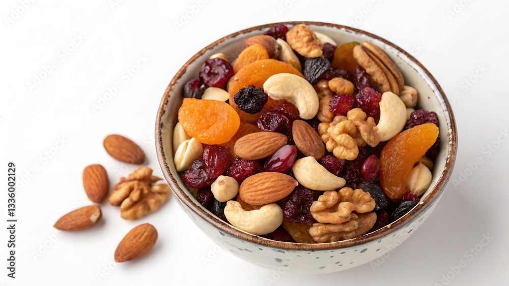 Bowl of Mixed Nuts and Dried Fruits, Isolated on a White Background, High-Quality Snack Stock Photo emphasizing healthy snacking and natural nutrition. Bowl of Mixed Nuts and Dried Fruits, Isolated on a White Background, High-Quality Snack Stock Photo emphasizing healthy snacking and natural nutrition.