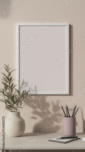 Japandi workspace with neutral tones and gradient white frame.