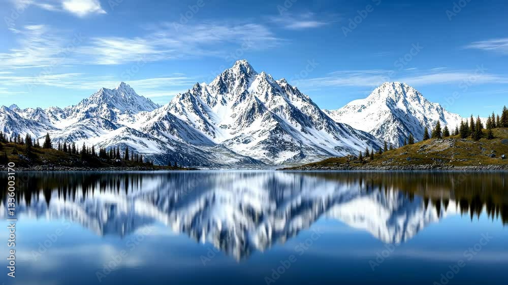 Majestic mountains and snow reflect in serene lake under clear blue sky. Majestic mountains and snow reflect in serene lake under clear blue sky.