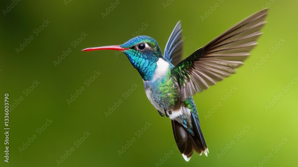 Obraz premium Vibrant hummingbird in flight against a blurred green backdrop. Possible use Nature photography, educational resource, or desktop background