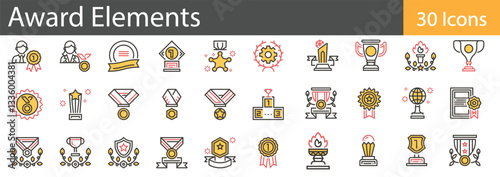 Awards Elements Line Icons Set. Collection of 30 outline icons representing various award types, trophies, medals, and recognition symbols. Editable stroke vector illustration.